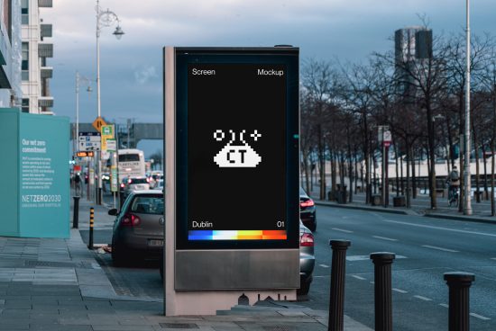 Digital billboard mockup on a city street showcasing retro pixel art design, suitable for advertising and urban design presentations.